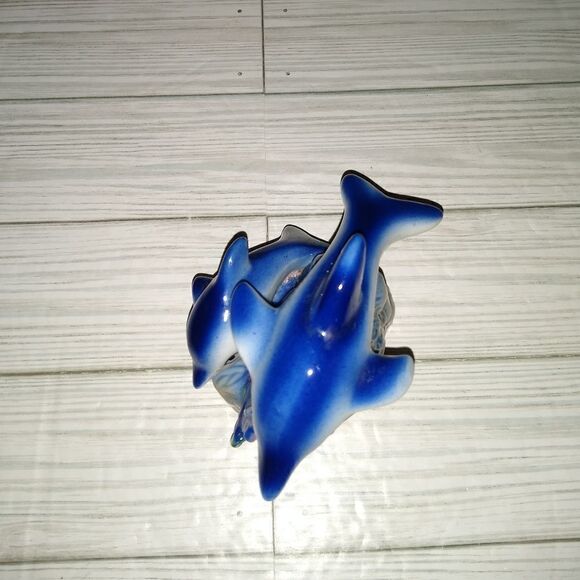 Vintage Ceramic Dolphins Figurine Blue Iridescent Luster Nautical Decor 4½in - Picture 2 of 9